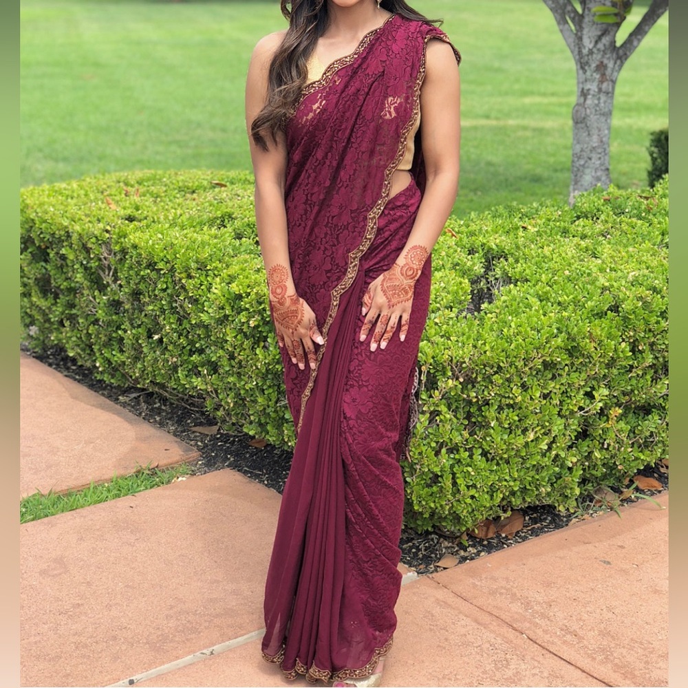 Maroon Lace Pleated Sari